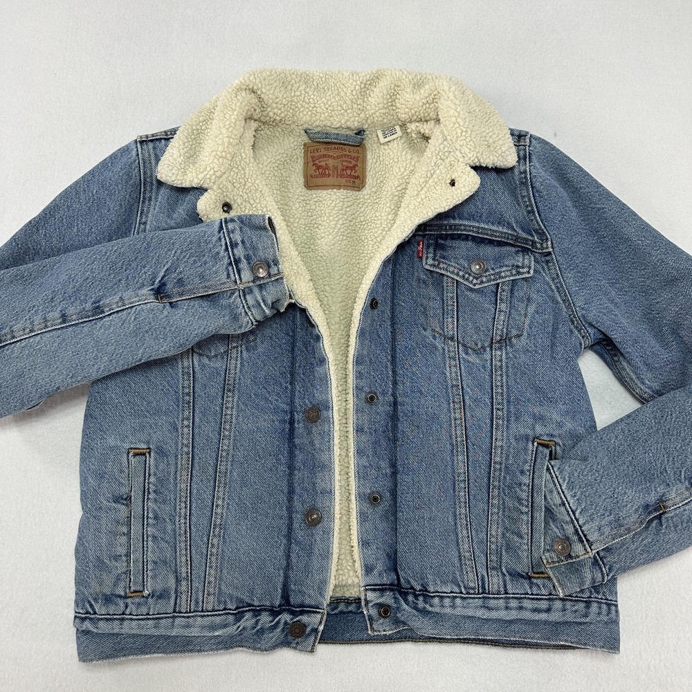 Levi's Jacket Mens Medium Blue Denim Sherpa Lined Button Front Trucker Coat